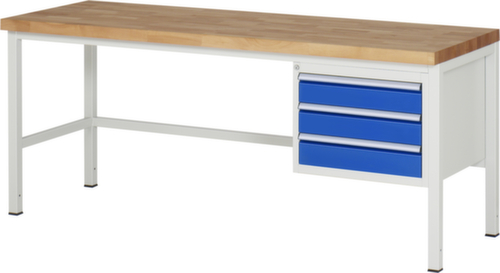 RAU In hoogte verstelbare werkbank Serie 8000, 3 laden, RAL7035 lichtgrijs/RAL5010 gentiaanblauw