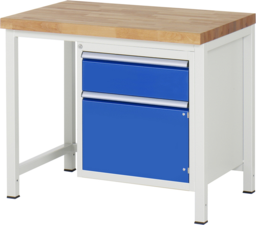 RAU In hoogte verstelbare werkbank Serie 8000, 1 lade, 1 kast, RAL7035 lichtgrijs/RAL5010 gentiaanblauw