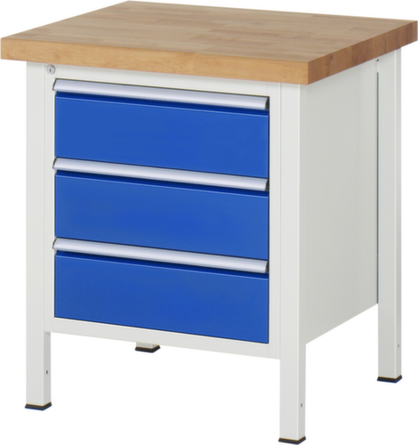 RAU In hoogte verstelbare werkbank Serie 8000, 3 laden, RAL7035 lichtgrijs/RAL5010 gentiaanblauw