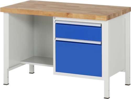 RAU In hoogte verstelbare werkbank Serie 8000, 2 laden, RAL7035 lichtgrijs/RAL5010 gentiaanblauw