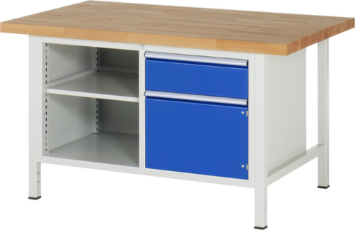 RAU In hoogte verstelbare werkbank Serie 8000, 1 lade, 1 kast, 2 legborden, RAL7035 lichtgrijs/RAL5010 gentiaanblauw