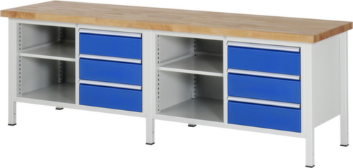 RAU In hoogte verstelbare werkbank Serie 8000, 6 laden, 4 legborden, RAL7035 lichtgrijs/RAL5010 gentiaanblauw