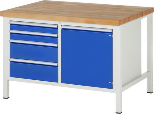 RAU In hoogte verstelbare werkbank Serie 8000, 4 laden, 1 kast, RAL7035 lichtgrijs/RAL5010 gentiaanblauw