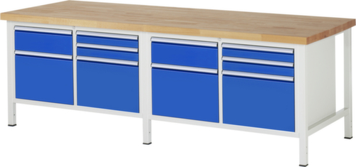 RAU In hoogte verstelbare werkbank Serie 8000, 10 laden, RAL7035 lichtgrijs/RAL5010 gentiaanblauw
