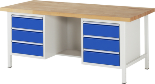 RAU In hoogte verstelbare werkbank Serie 8000, 6 lades, RAL7035 lichtgrijs/RAL5010 gentiaanblauw