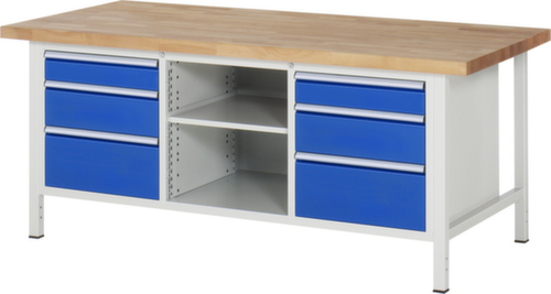 RAU In hoogte verstelbare werkbank Serie 8000, 6 laden, 2 legborden, RAL7035 lichtgrijs/RAL5010 gentiaanblauw