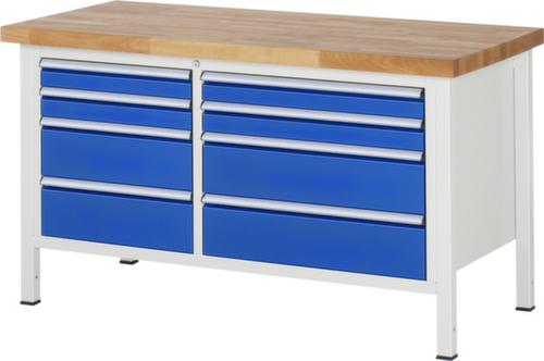 RAU In hoogte verstelbare werkbank Serie 8000, 8 laden, RAL7035 lichtgrijs/RAL5010 gentiaanblauw