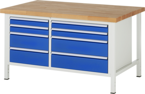 RAU In hoogte verstelbare werkbank Serie 8000, 8 laden, RAL7035 lichtgrijs/RAL5010 gentiaanblauw