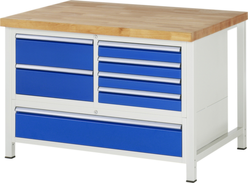RAU In hoogte verstelbare werkbank Serie 8000, 7 laden, RAL7035 lichtgrijs/RAL5010 gentiaanblauw