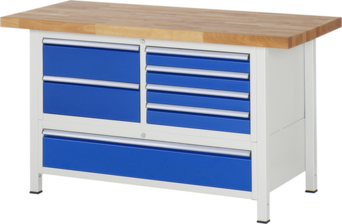 RAU In hoogte verstelbare werkbank Serie 8000, 7 laden, RAL7035 lichtgrijs/RAL5010 gentiaanblauw