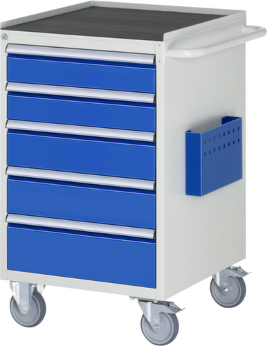 RAU Verrijdbare werkbank Serie 7000, 5 laden, 1 documenthoes, 1 duwbeugel, RAL7035 lichtgrijs/RAL5010 gentiaanblauw