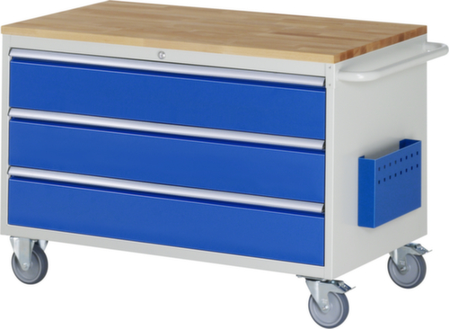 RAU Verrijdbare werkbank Serie 7000, 3 laden, 1 documenthoes, 1 duwbeugel, RAL7035 lichtgrijs/RAL5010 gentiaanblauw