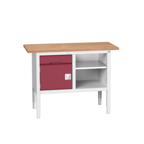 bott in hoogte verstelbare werkbank met opbergruimte verso, 1 lade, 1 kast, 1 legbord, RAL7035 lichtgrijs/RAL3004 purperrood
