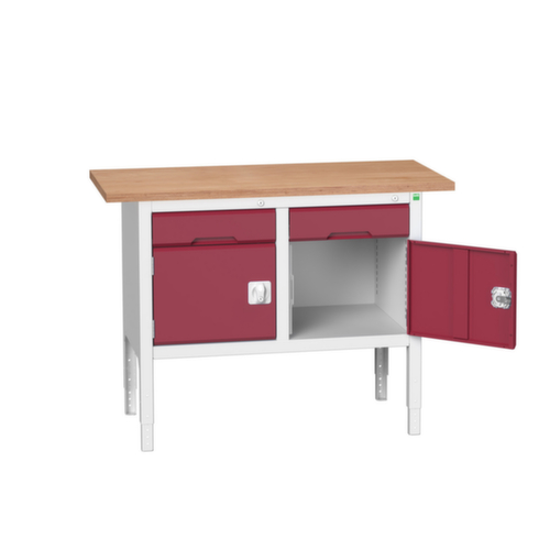 bott in hoogte verstelbare werkbank met opbergruimte verso, 2 laden, 2 kasten, RAL7035 lichtgrijs/RAL3004 purperrood