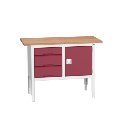 bott in hoogte verstelbare werkbank met opbergruimte verso, 3 laden, 1 kast, RAL7035 lichtgrijs/RAL3004 purperrood
