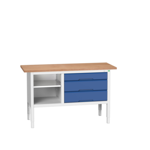 bott in hoogte verstelbare werkbank met opbergruimte verso, 3 laden, 1 legbord, RAL7035 lichtgrijs/RAL5010 gentiaanblauw