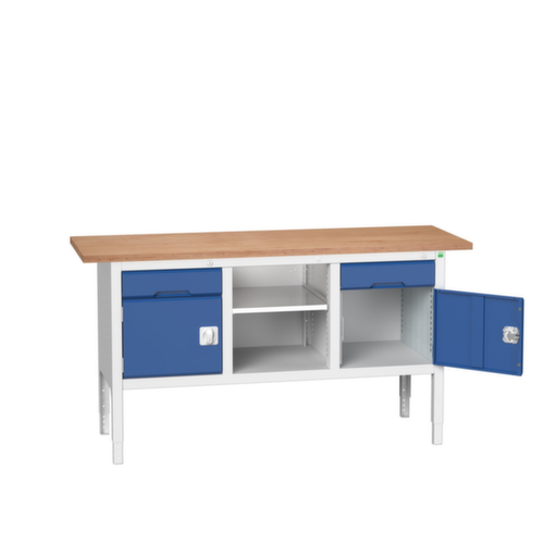 bott in hoogte verstelbare werkbank met opbergruimte verso, 2 laden, 2 kasten, 1 legbord, RAL7035 lichtgrijs/RAL5010 gentiaanblauw