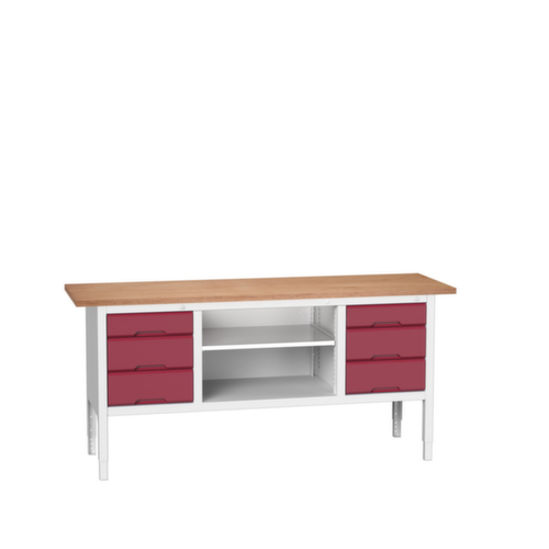 bott in hoogte verstelbare werkbank met opbergruimte verso, 6 laden, 1 legbord, RAL7035 lichtgrijs/RAL3004 purperrood