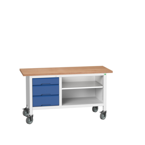 bott Verrijdbare werkbank met opbergruimte verso, 3 laden, 1 legbord, RAL7035 lichtgrijs/RAL5010 gentiaanblauw