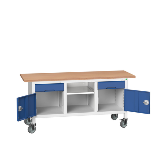bott Verrijdbare werkbank met opbergruimte verso, 2 laden, 2 kasten, 1 legbord, RAL7035 lichtgrijs/RAL5010 gentiaanblauw