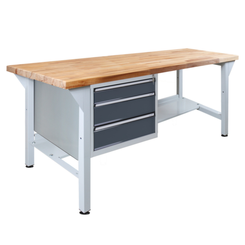 Werkbank met blad van massief beuken, 3 laden, 1 legbord, RAL7035 lichtgrijs/RAL7016 antracietgrijs