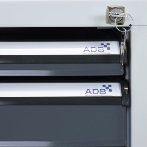 Werkbank met blad van massief beuken, 3 laden, 1 legbord, RAL7035 lichtgrijs/RAL7016 antracietgrijs