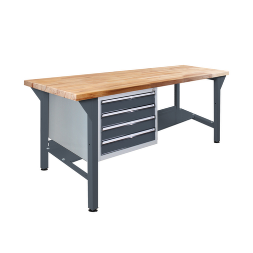 Werkbank met blad van massief beuken, 4 laden, 1 legbord, RAL7016 antracietgrijs/RAL7016 antracietgrijs