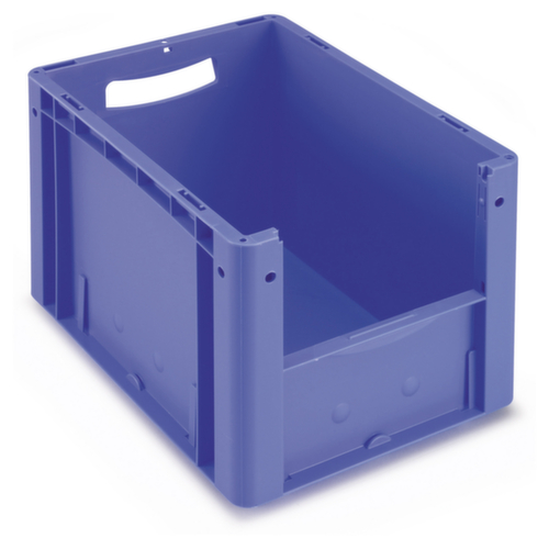 Blauwe Euronorm-stapelbak met grijpopening aan voorzijde 25,6l