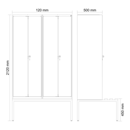 C+P locker voor scheiding van kleding Evolo PLUS met dubbele vakken en bank, vakbreedte 300 mm