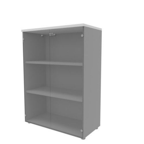 Quadrifoglio Kantoorkast met glazen deuren Practika met deuren zonder frame, 3 ordnerhoogten, romp aluminium/wit