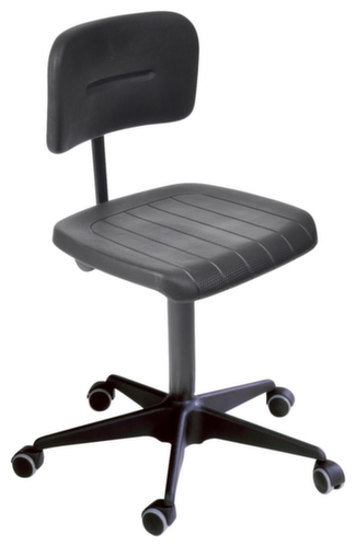 Werkstoel met spindel, zitting PU-schuim met stalen inzetelement zwart, met dubbele wielen (lastafhankelijk geremd)  L