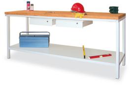 PAVOY Werkbank met frame in lichtgrijs en beuken-multiplexblad, 2 laden, 1 legbord, RAL7035 lichtgrijs/RAL7035 lichtgrijs