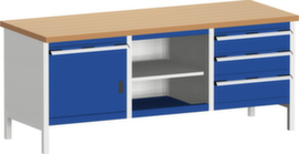 bott Werkbank met opbergruimte cubio, 4 laden, 1 kast, 2 legborden, RAL7035 lichtgrijs/RAL5010 gentiaanblauw