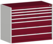 bott Ladekast cubio oppervlak 1300 x 650 mm, 7 lade(n), RAL7035 lichtgrijs/RAL3004 purperrood