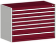 bott Ladekast cubio oppervlak 1300 x 750 mm, 7 lade(n), RAL7035 lichtgrijs/RAL3004 purperrood