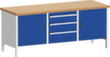 bott Werkbank met opbergruimte cubio, 3 laden, 2 kasten, RAL7035 lichtgrijs/RAL5010 gentiaanblauw