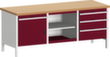bott Werkbank met opbergruimte cubio, 4 laden, 1 kast, 2 legborden, RAL7035 lichtgrijs/RAL3004 purperrood