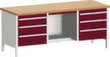 bott Werkbank met opbergruimte cubio, 6 laden, 1 legbord, RAL7035 lichtgrijs/RAL3004 purperrood