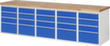 RAU werkbank Serie 7000 met containeronderstel, 20 laden, RAL7035 lichtgrijs/RAL5010 gentiaanblauw