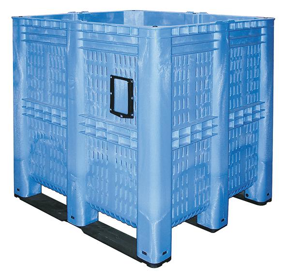 Mega-container 7-voudig stapelbaar + geperforeerde wanden, inhoud 1400 l, blauw, sleden  ZOOM