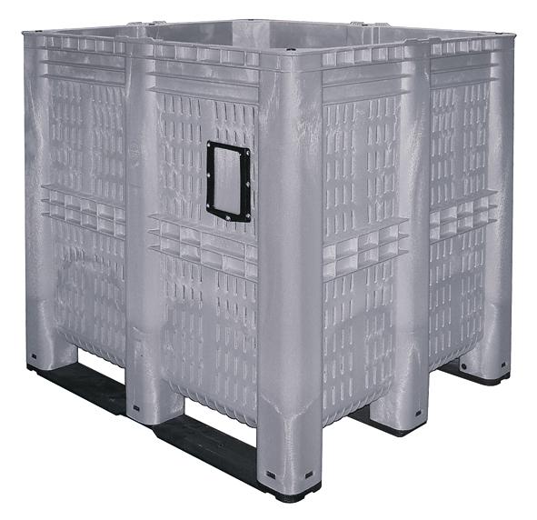 Mega-container 7-voudig stapelbaar + geperforeerde wanden, inhoud 1400 l, grijs, sleden  ZOOM