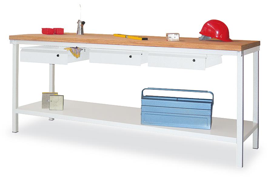PAVOY Werkbank met frame in lichtgrijs en beuken-multiplexblad, 3 laden, 1 legbord, RAL7035 lichtgrijs/RAL7035 lichtgrijs  ZOOM