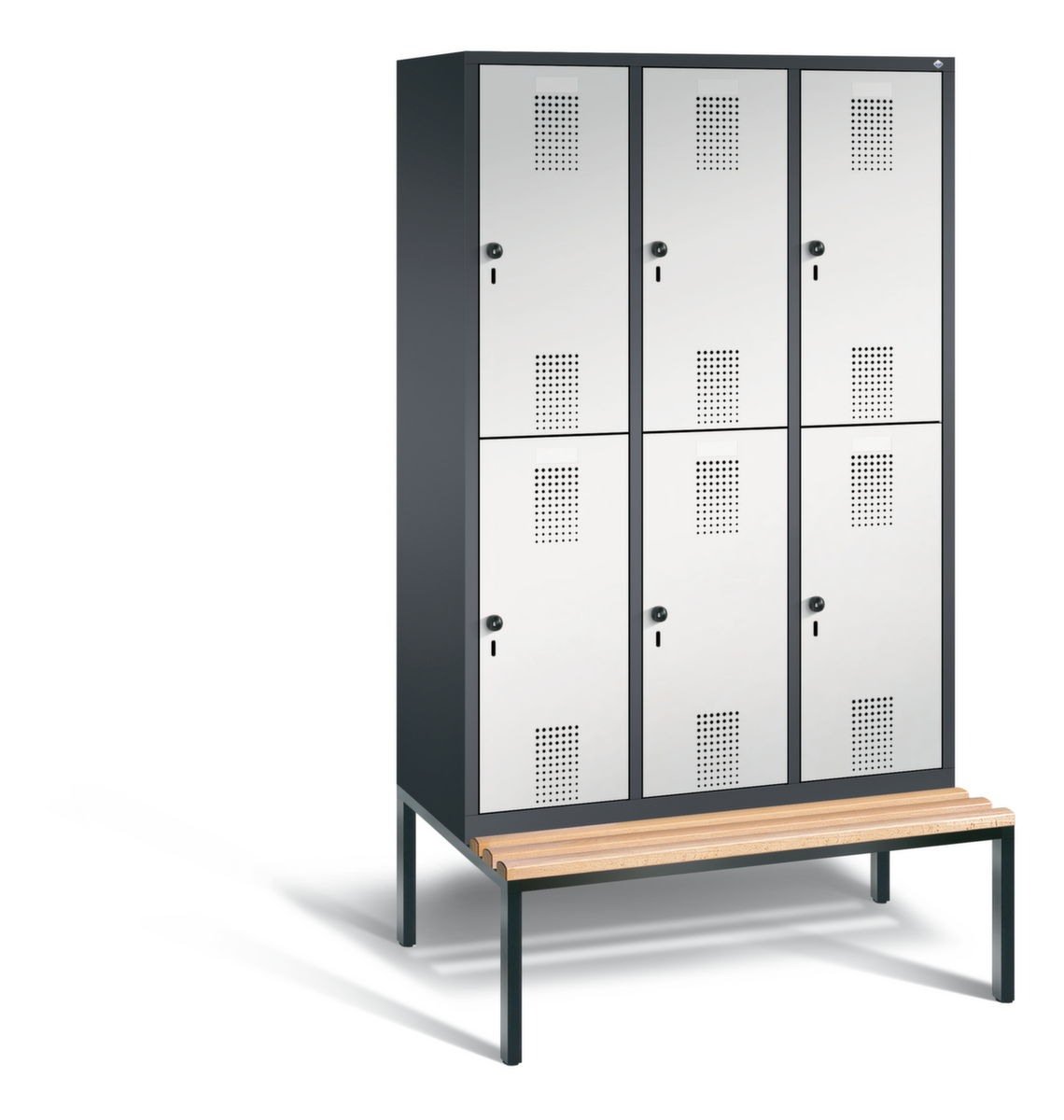C+P Dubbeldekse locker Evolo met ondergebouwde zitbank + 3x2 vakken, vakbreedte 400 mm