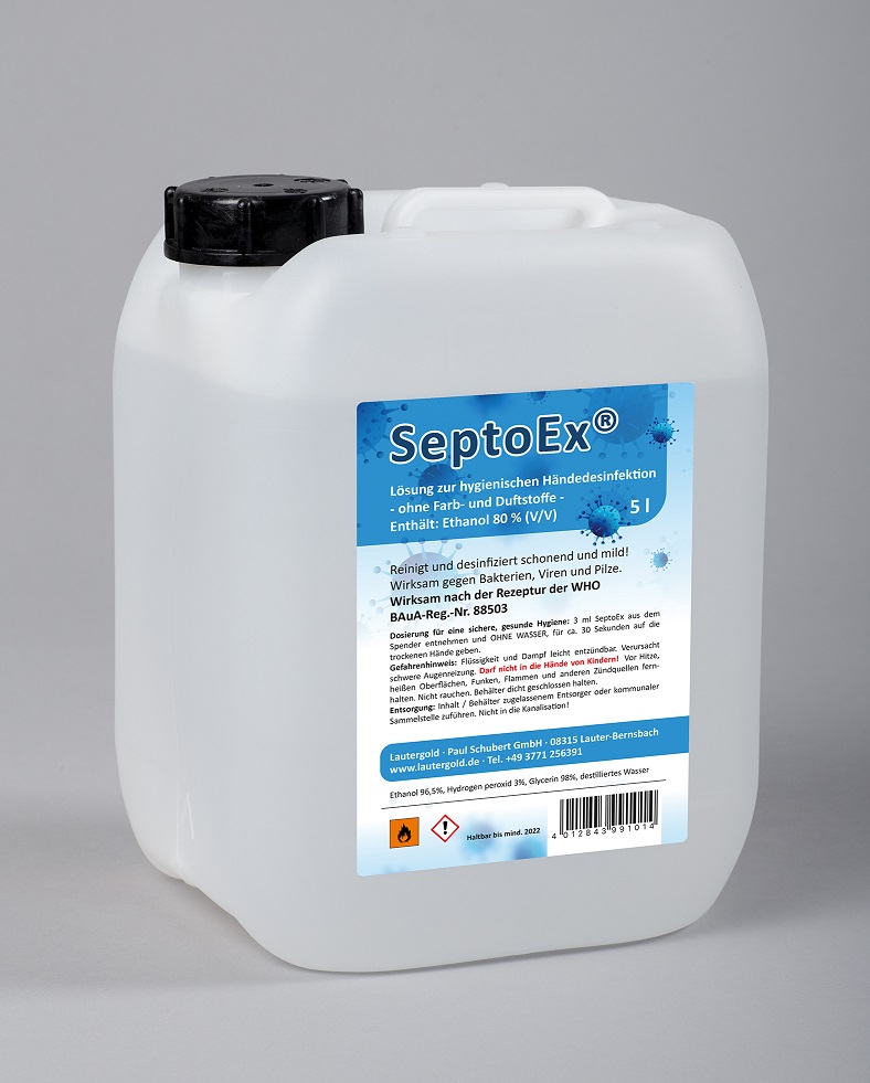 ultraMEDIC Handdesinfectiemiddelen SeptoEx, 5 l, volgens de WHO-formule werkzaam tegen bacteriën, virussen en schimmels  ZOOM