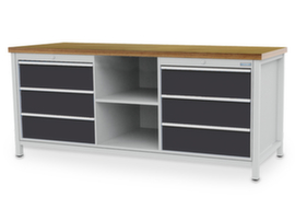 Bedrunka + Hirth werkbank met achterwand, 6 laden, 2 legborden, RAL7035 lichtgrijs/RAL7016 antracietgrijs