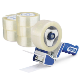 Voordeelpak 36 rollen geluidsarme PP-tape Sterk + dispenser Raja transparant